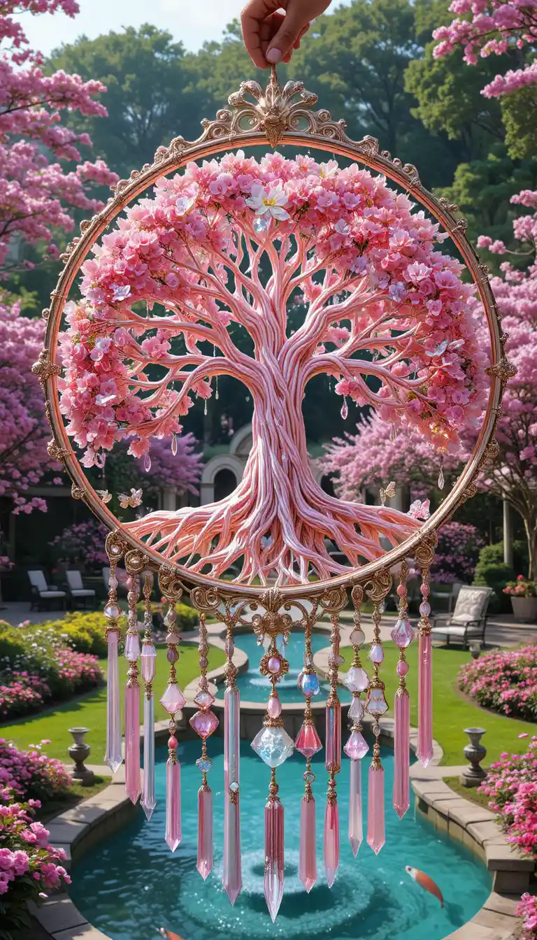 Luxurious crystal tree of life dreamcatcher in a garden