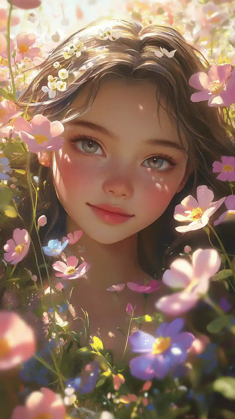 Smiling young girl among soft pastel fantasy flowers