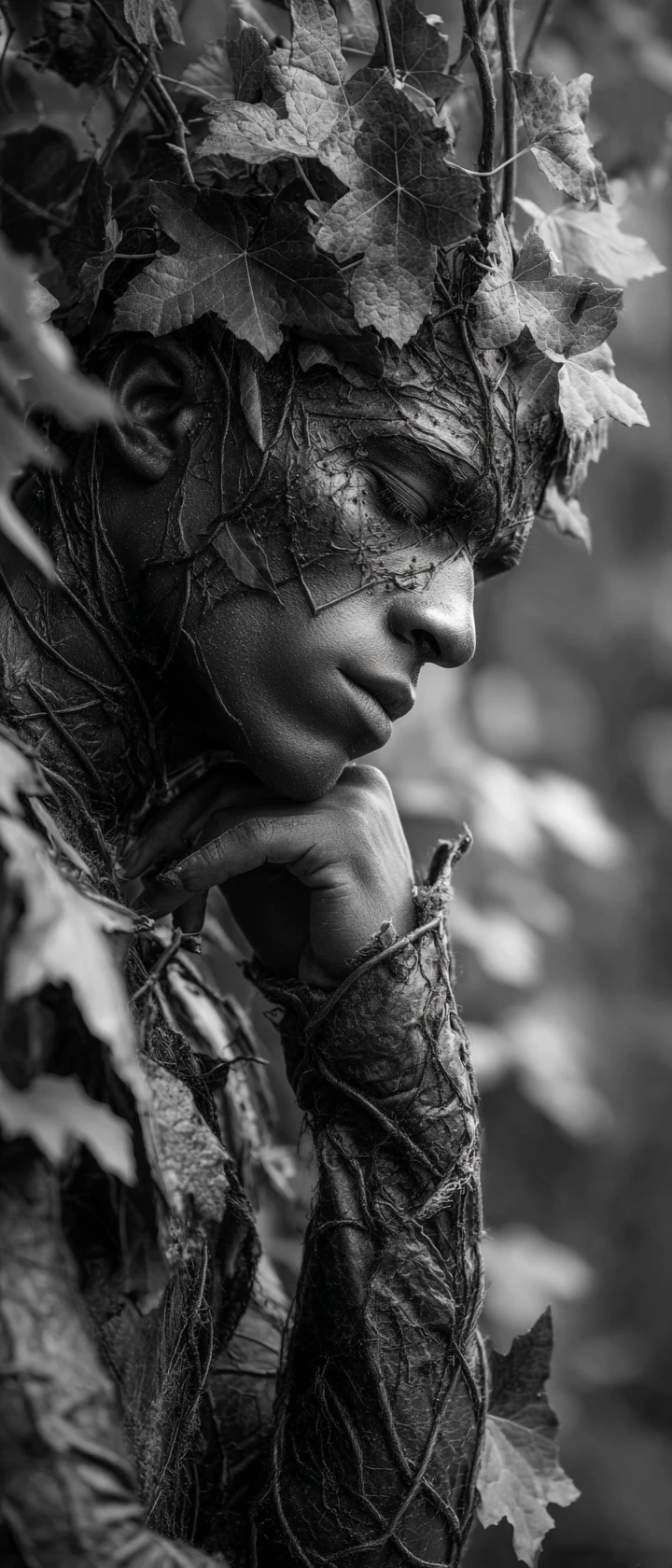 Male dancer camouflaged among leaves in dreamlike forest