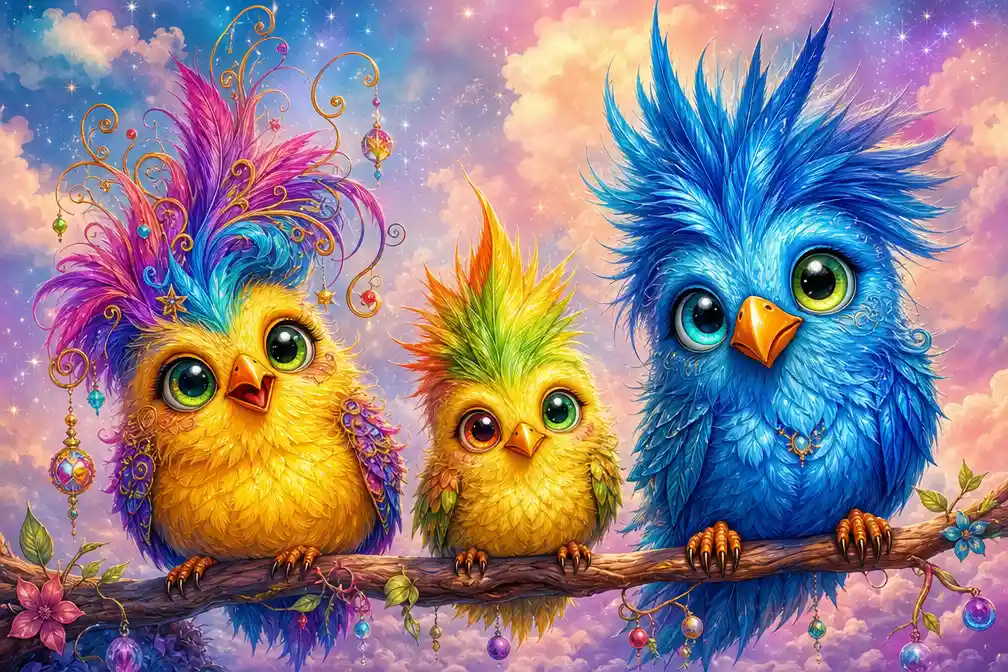 Whimsical trio of fluffy fantasy birds on a branch