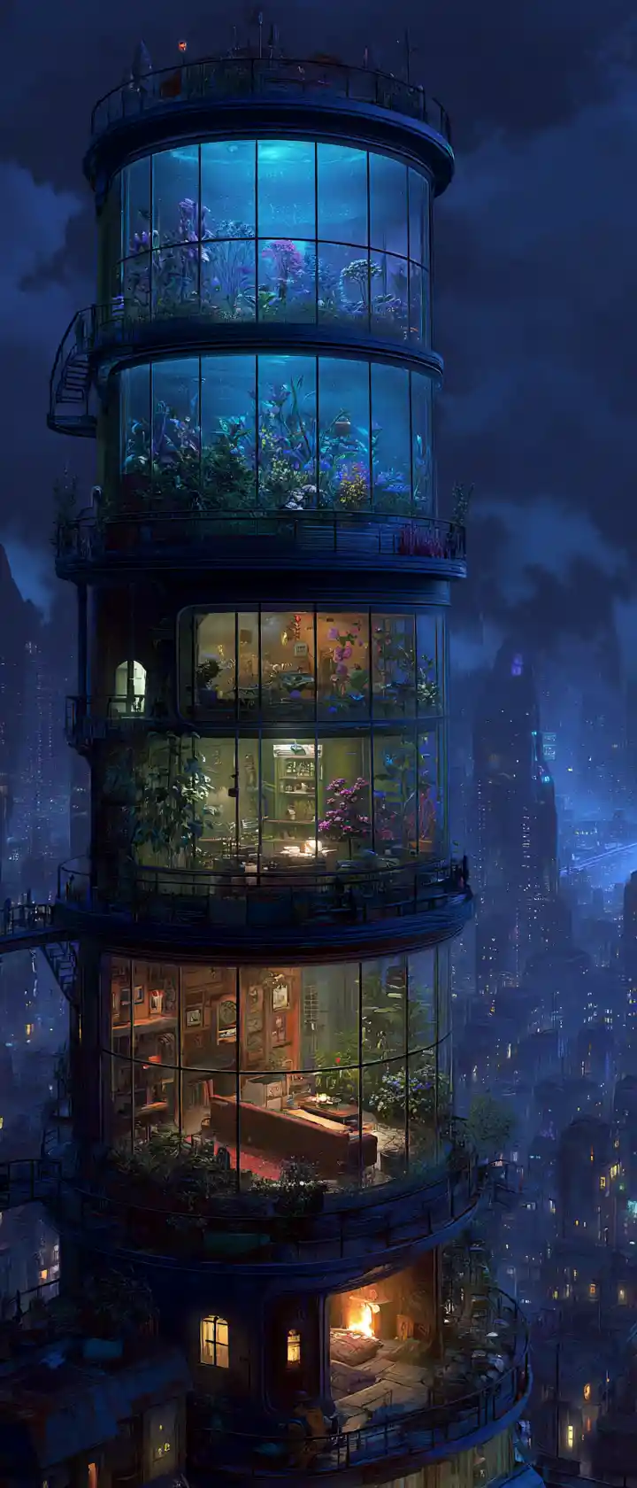 Futuristic glass tower glowing above a dark night city