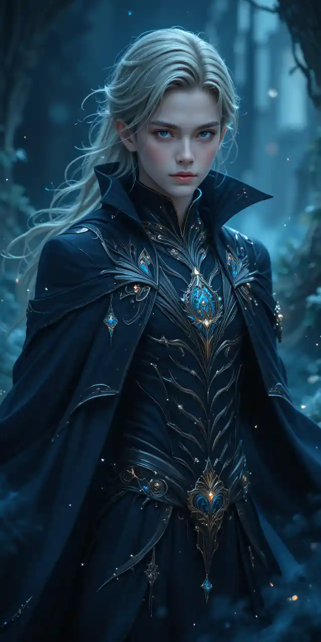 Agile anime man with silver hair in flowing dark robes