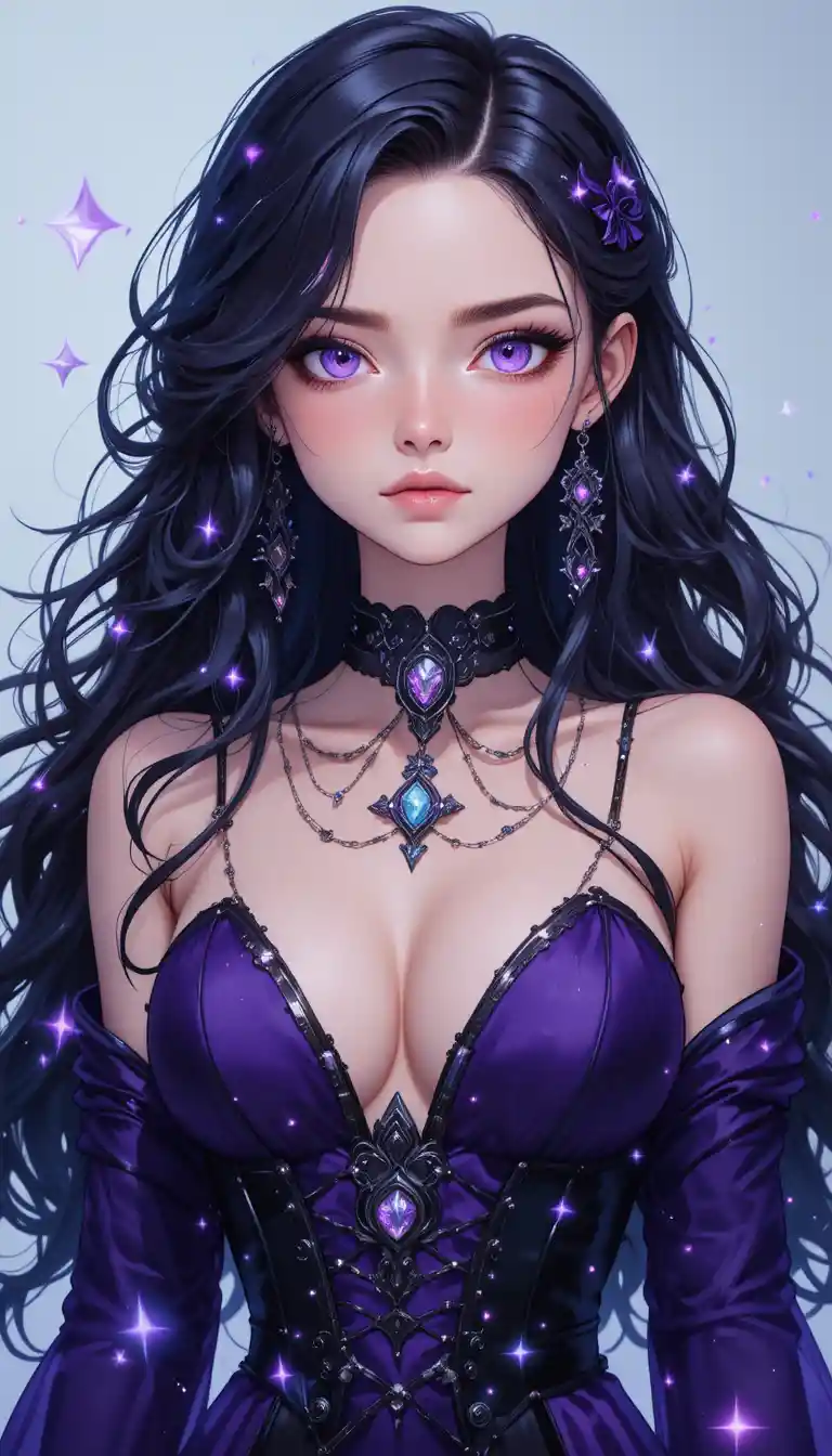 Young violet eyed witch girl in anime fantasy art