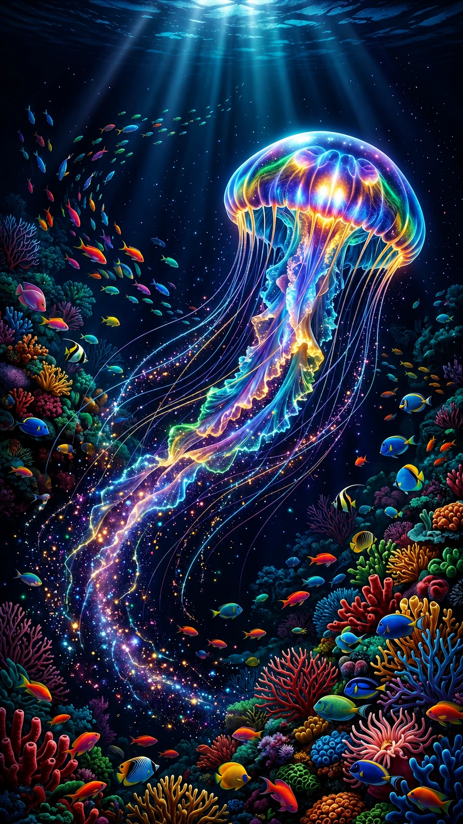 Giant Bioluminescent Jellyfish In A Mystical Ocean Scene