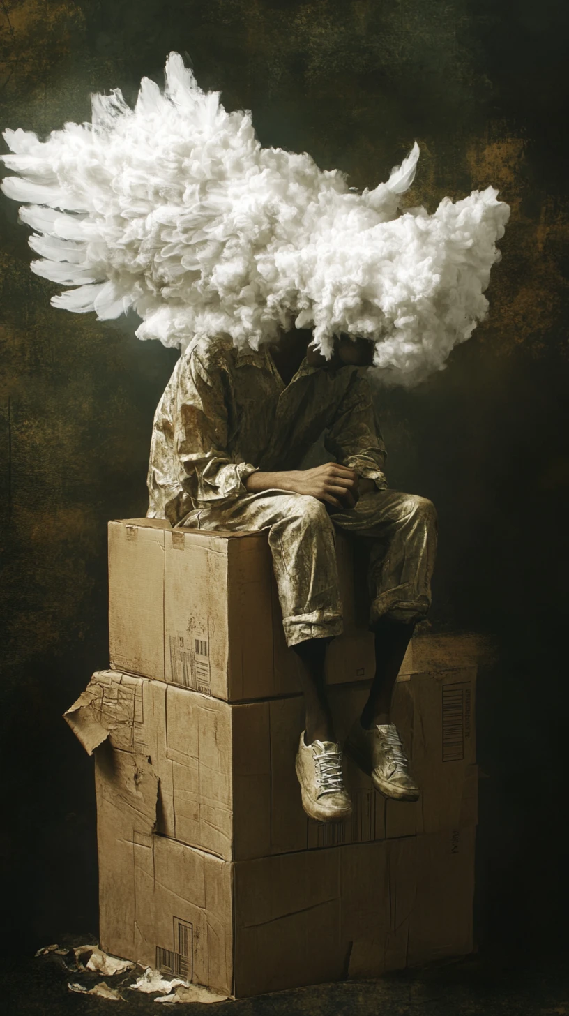 Person waking in stacked boxes beside a cereal box