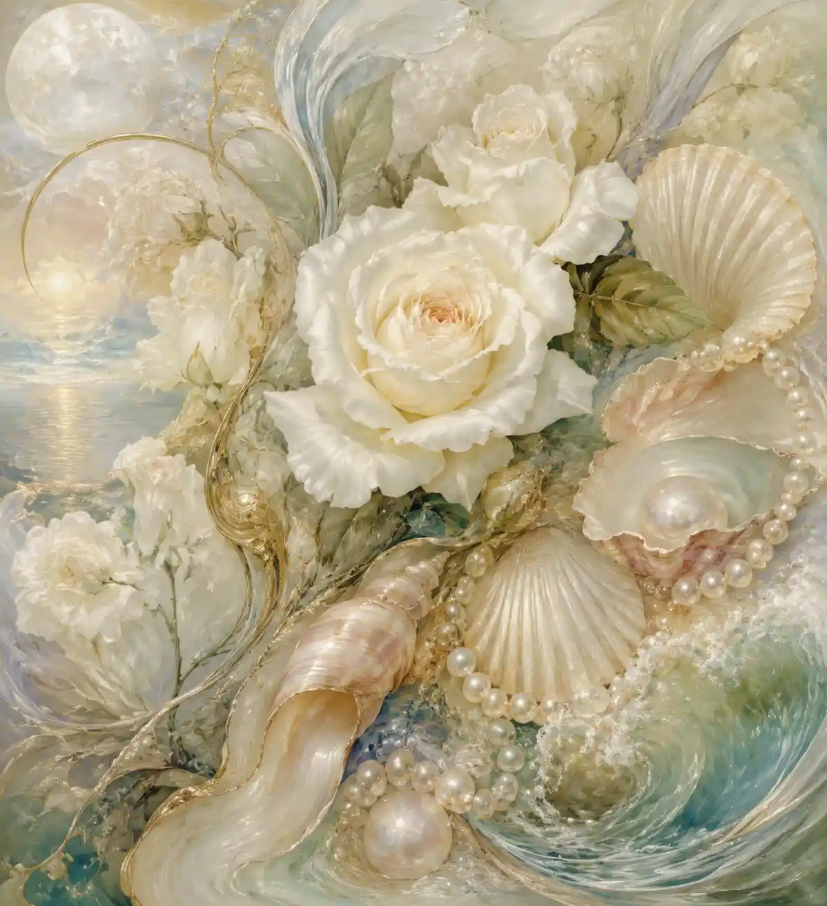White rose mood board with shells and pearls in art nouveau
