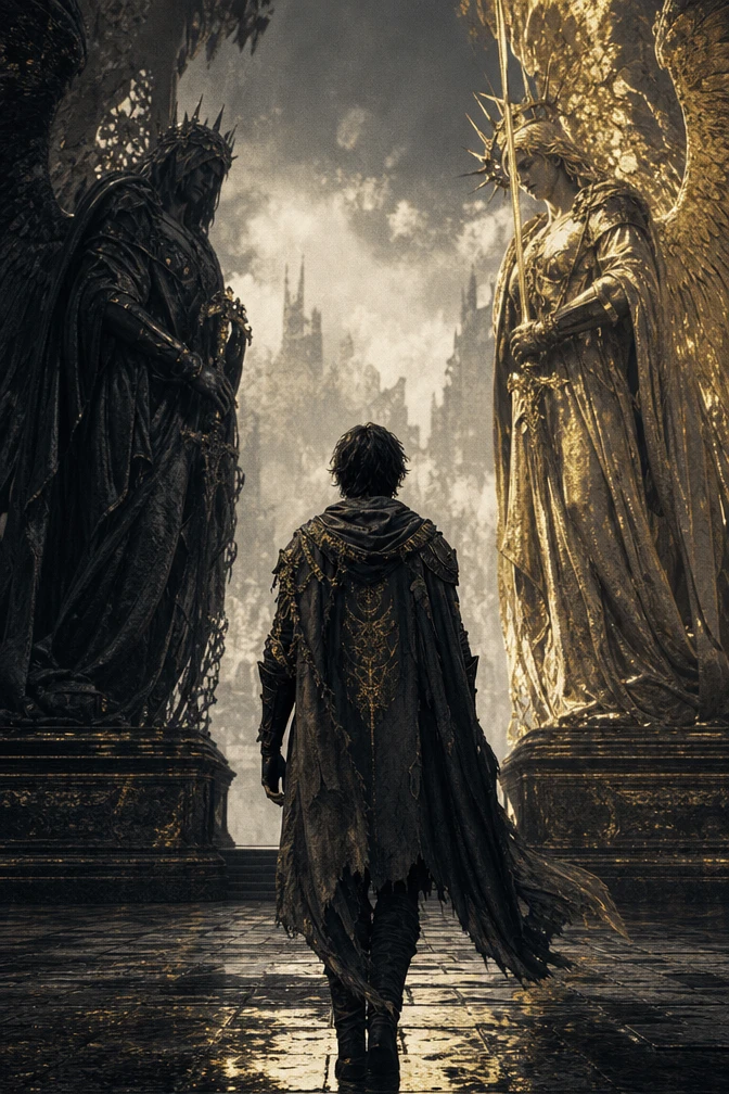 Solitary woman standing between dark and light in conflict