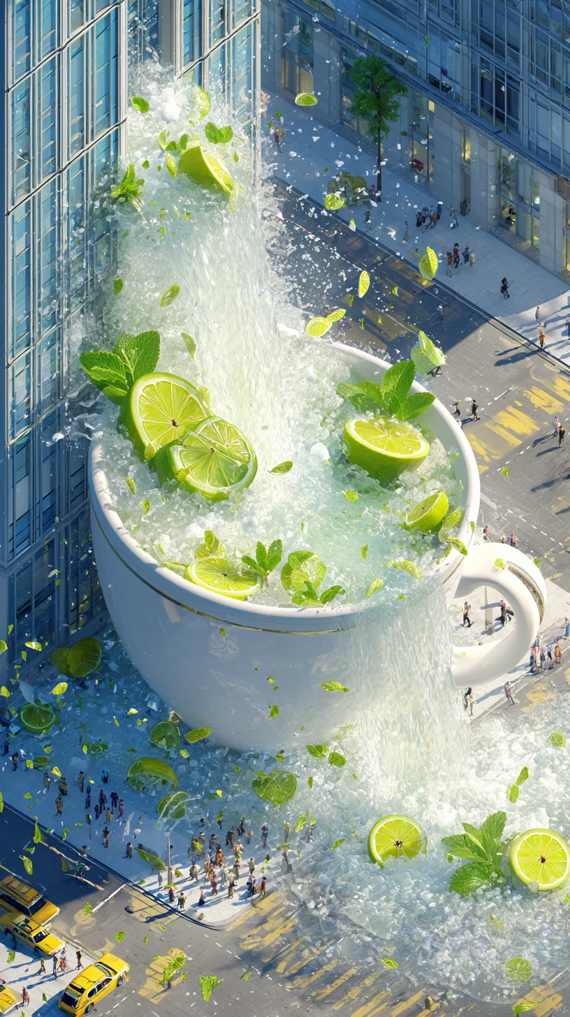 Cascade d’une tasse géante dévalant un immeuble de bureaux moderne