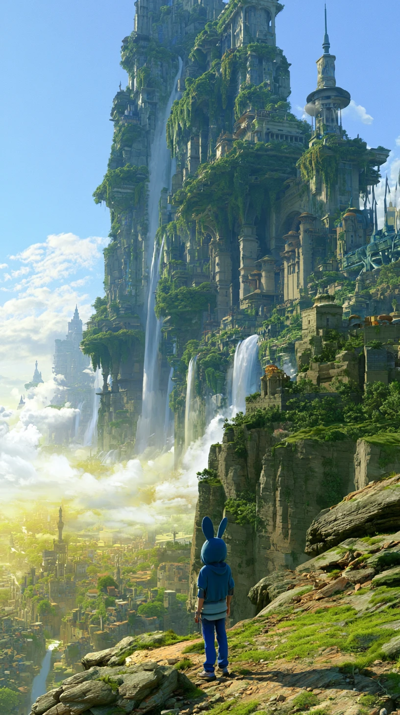 Young girl gazing up at a vast terraced fantasy city