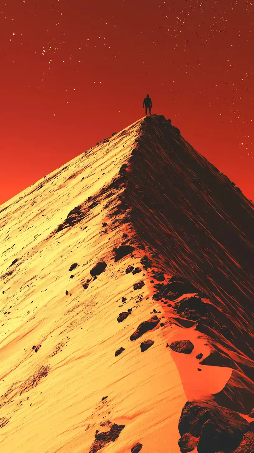 Lone figure on a towering desert dune beneath cosmic sky