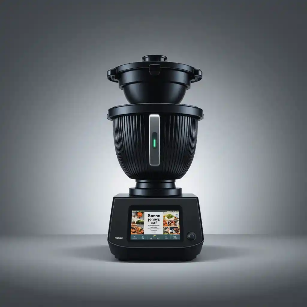 Modern black kitchen robot with touch screen display