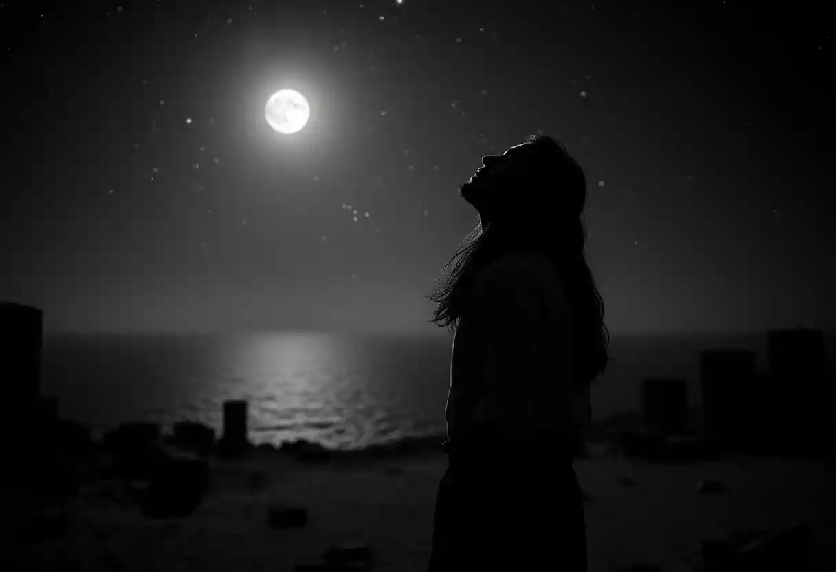 Man gazing at stars above ancient ruins by the sea