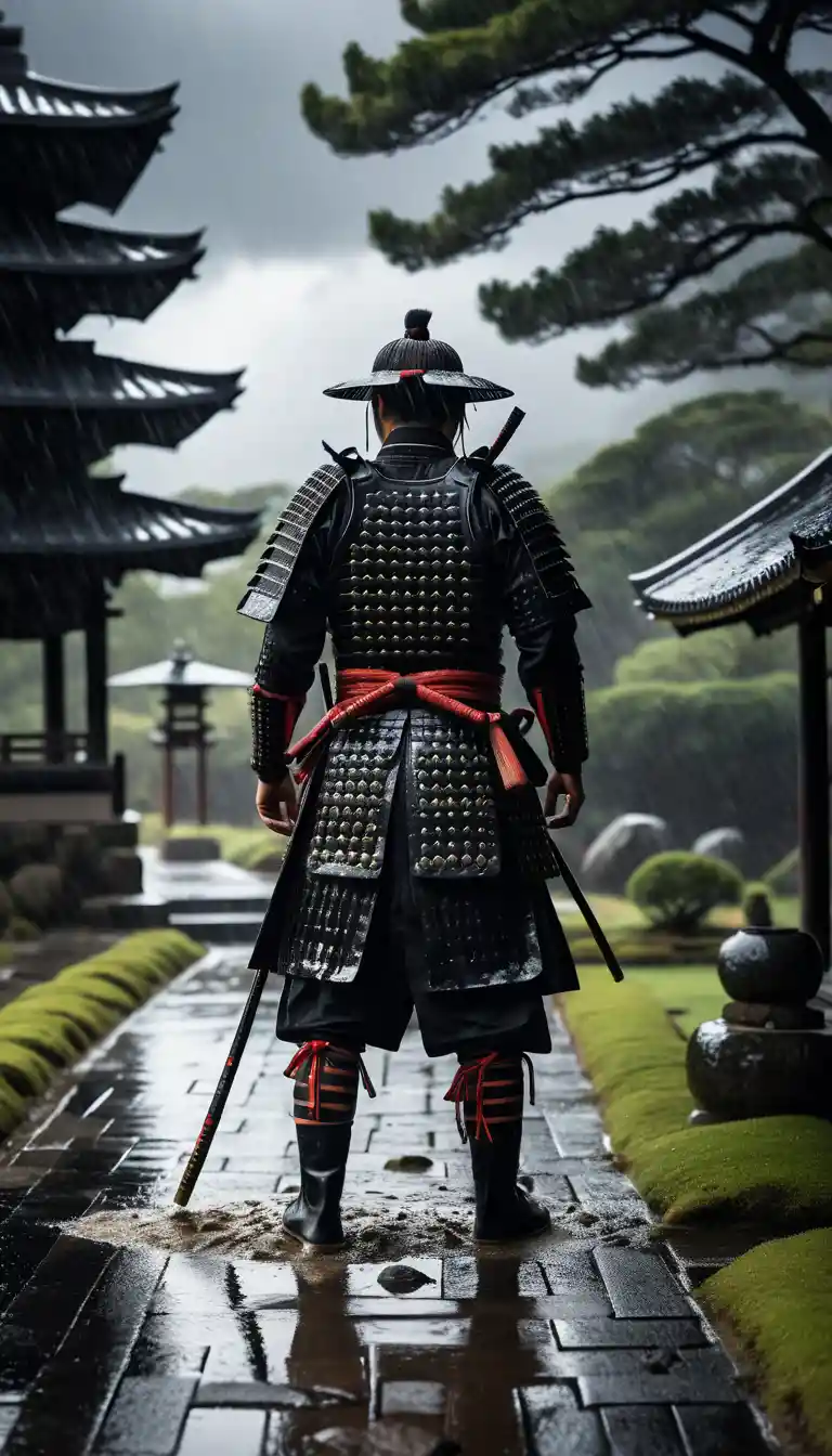 Lone samurai on a rainy stone path with storm clouds