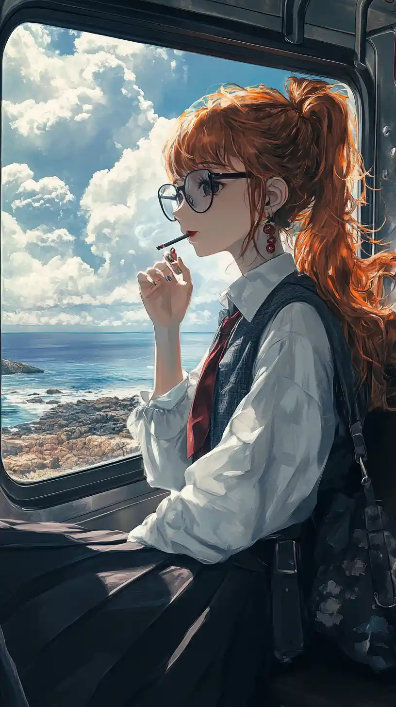 Anime girl resting in a quiet train compartment