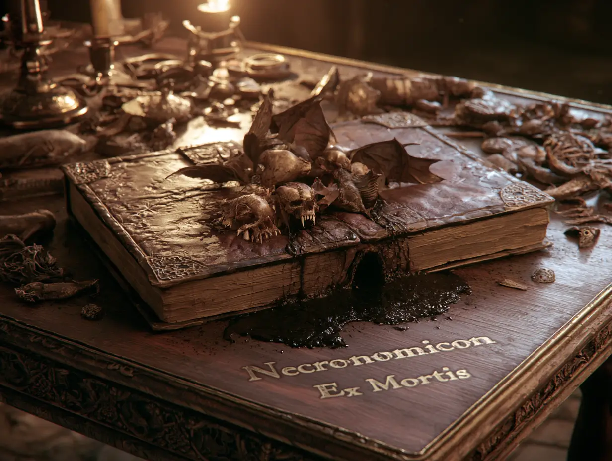Creepy 3D demon filled book on ancient wooden table