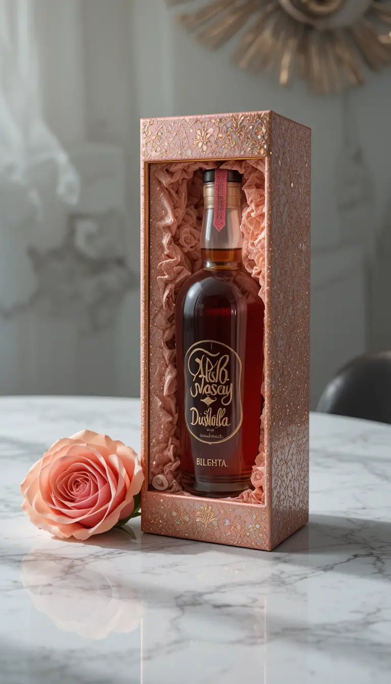 Flacon de parfum dans un coffret en velours sur une table brillante