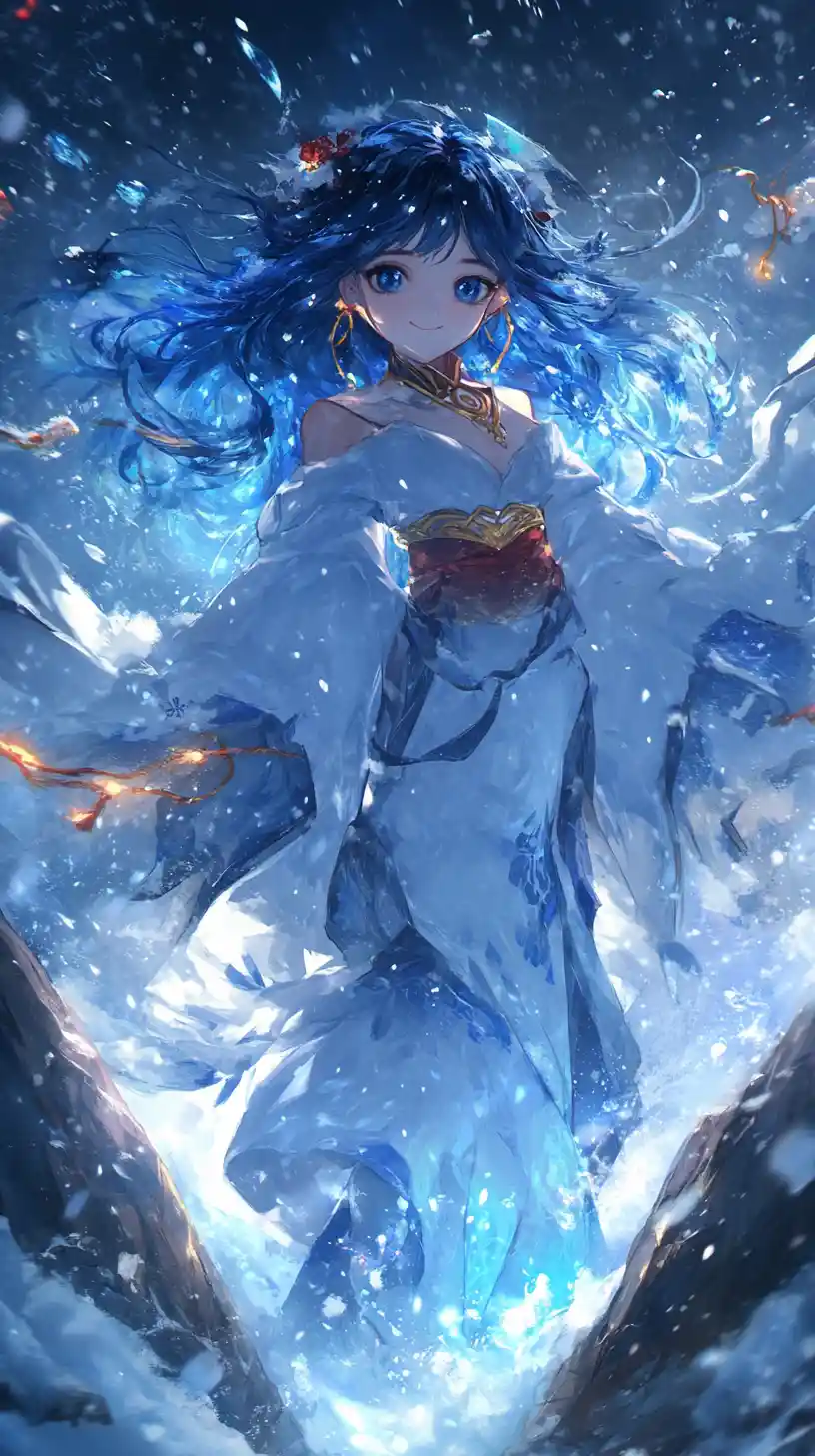 Blue haired anime girl with ice sword at halloween party