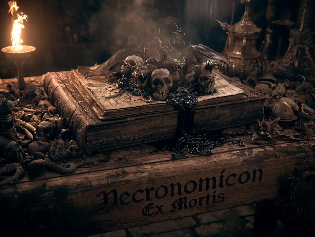 Cursed Necronomicon Book Summoning Demons In Torchlit Room