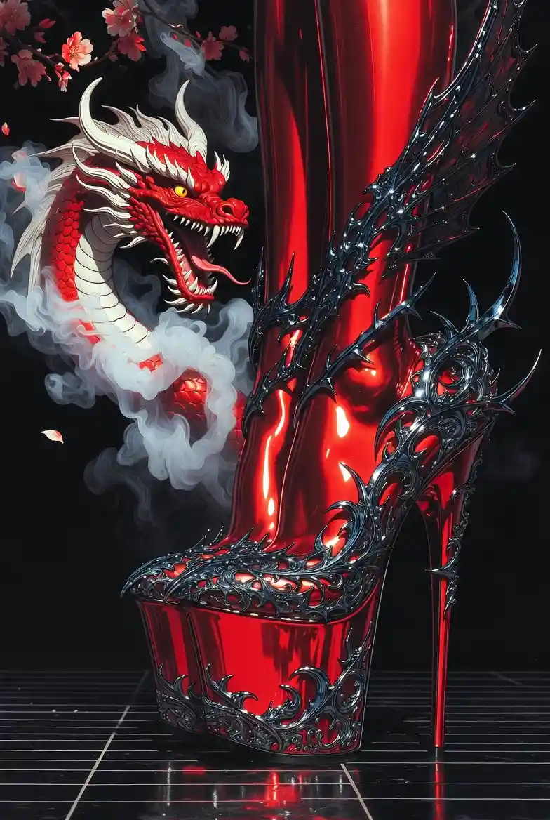 Red dragon high heels on reflective dark fantasy stage