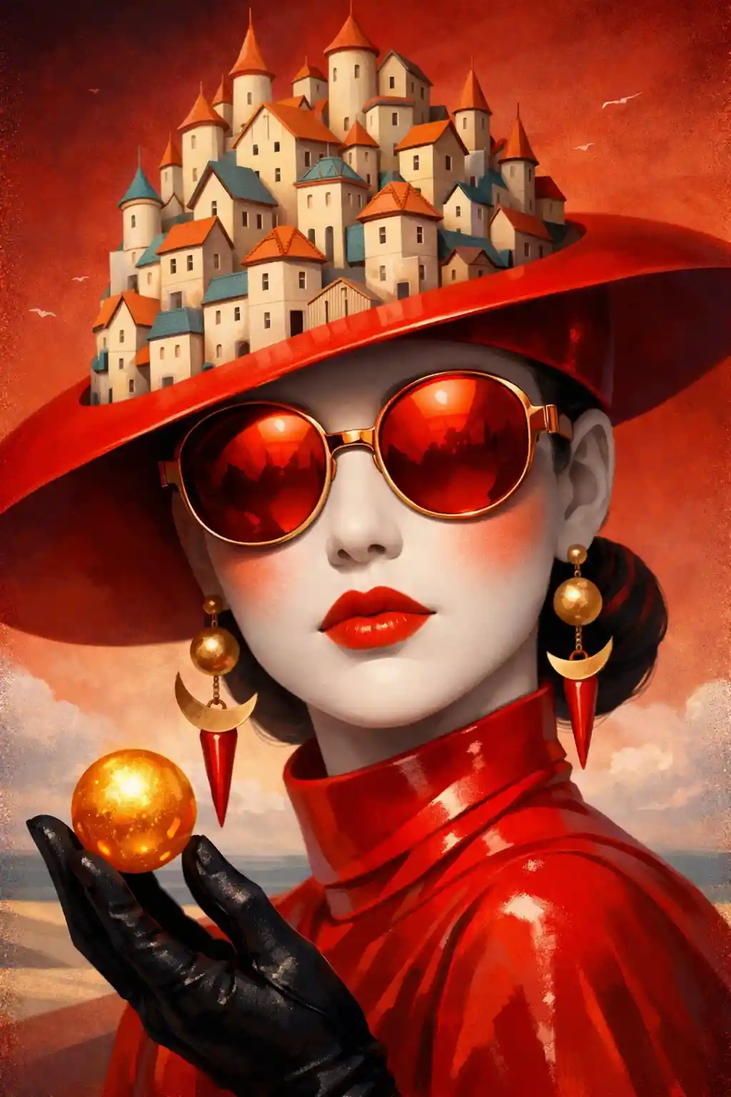 Surreal female face crowned with a whimsical miniature city