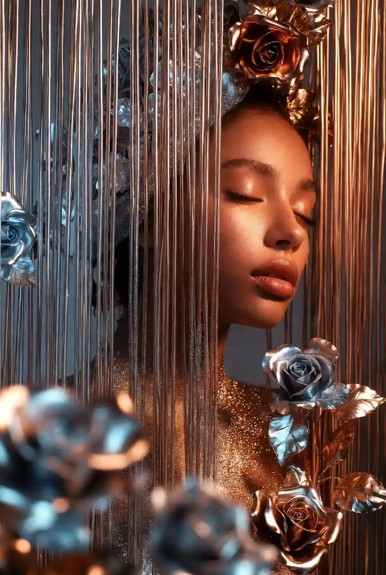 Serene young woman with metallic roses and vertical rods
