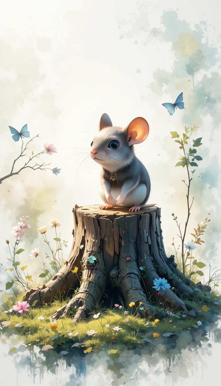 Cute mouse resting under a tree stump in bright colors