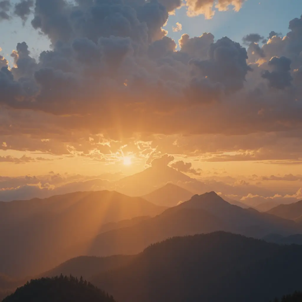 Golden sunrise above dramatic mountain peaks and clouds