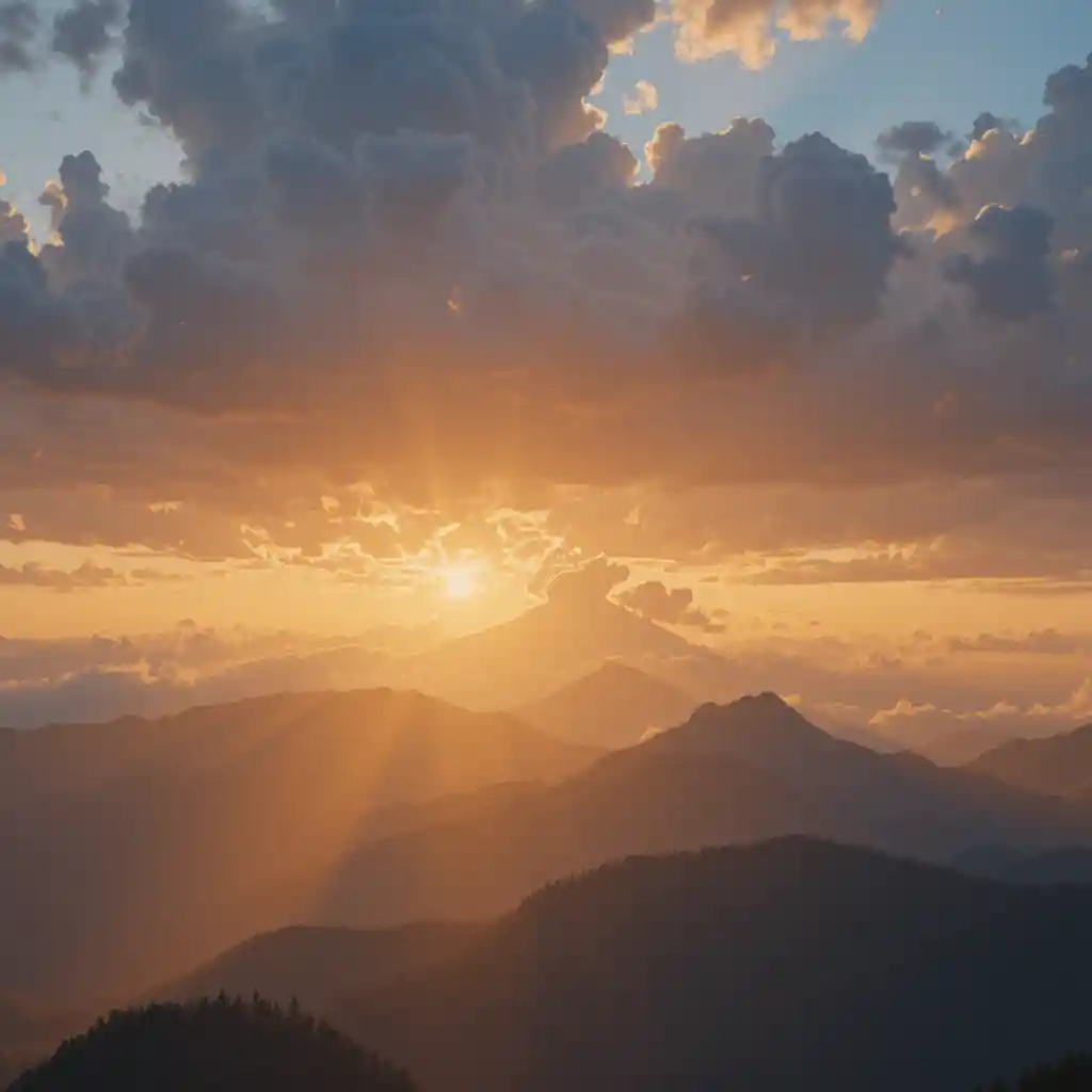 Golden sunrise above dramatic mountain peaks and clouds