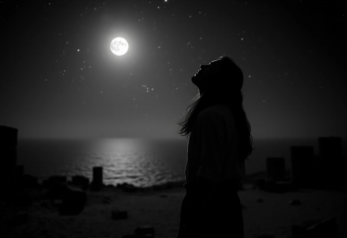 Man gazing at stars above ancient ruins by the sea