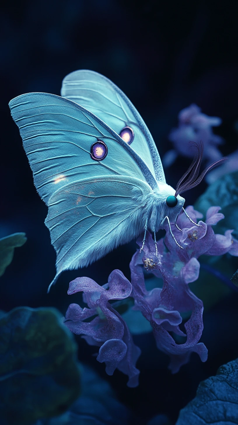 Luna moth with glowing eyes among night flowers