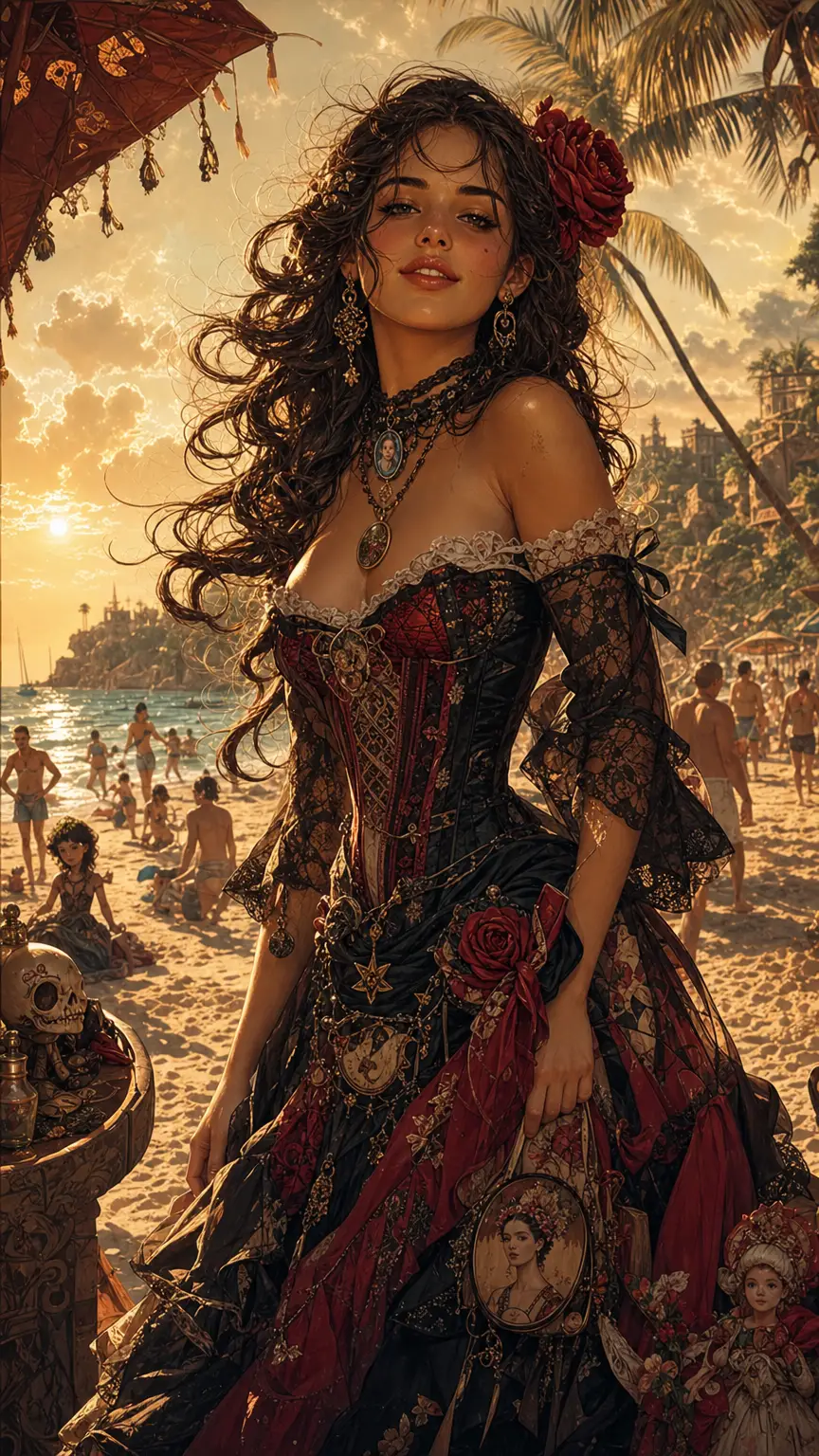 Joyful brunette woman standing confidently on sunny beach