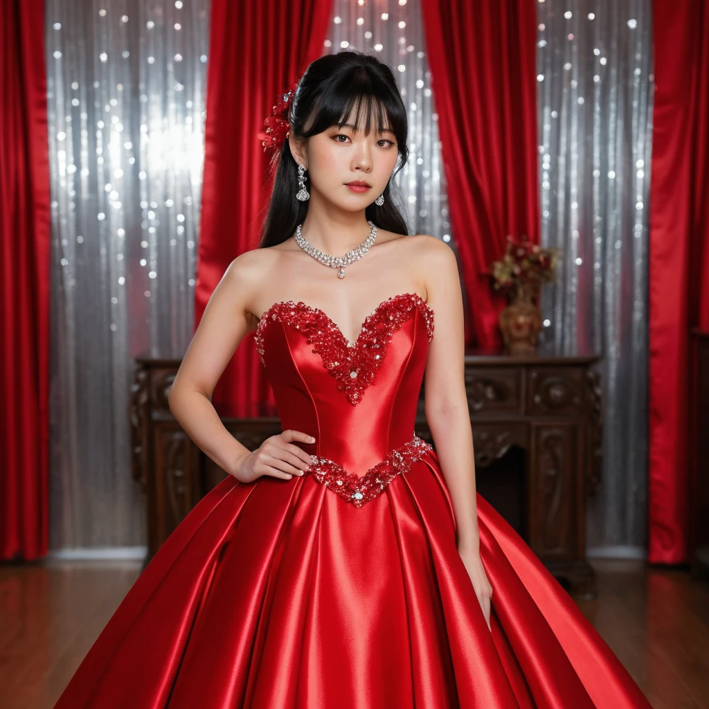 Elegant Japanese girl in red satin ballgown indoors