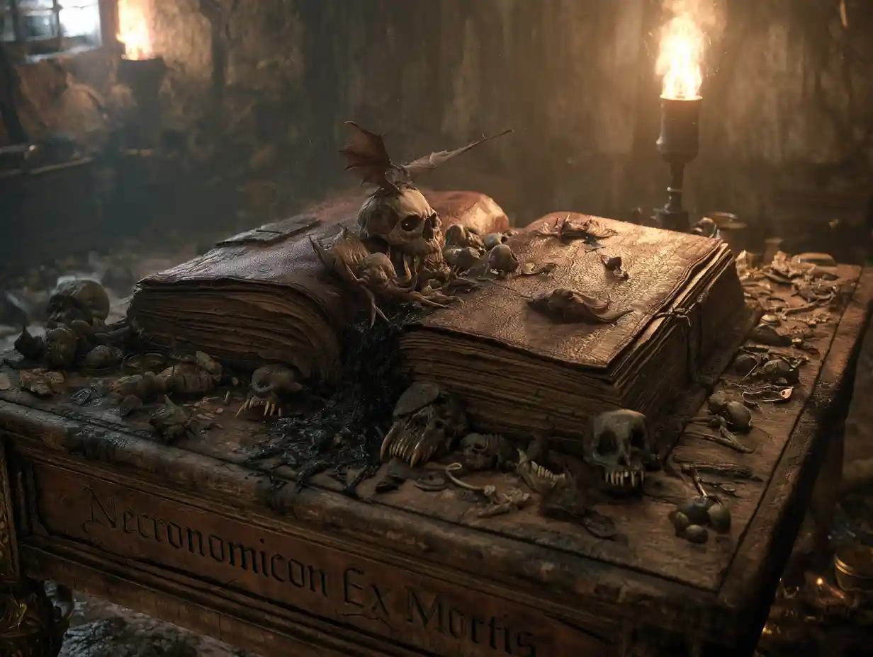 Cursed magic book unleashing demons in a dark room