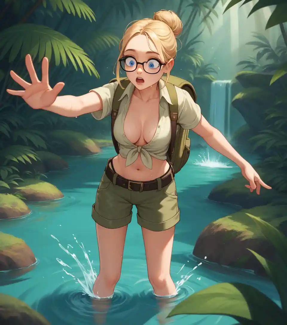 Young anthropologist slipping in a tropical jungle river