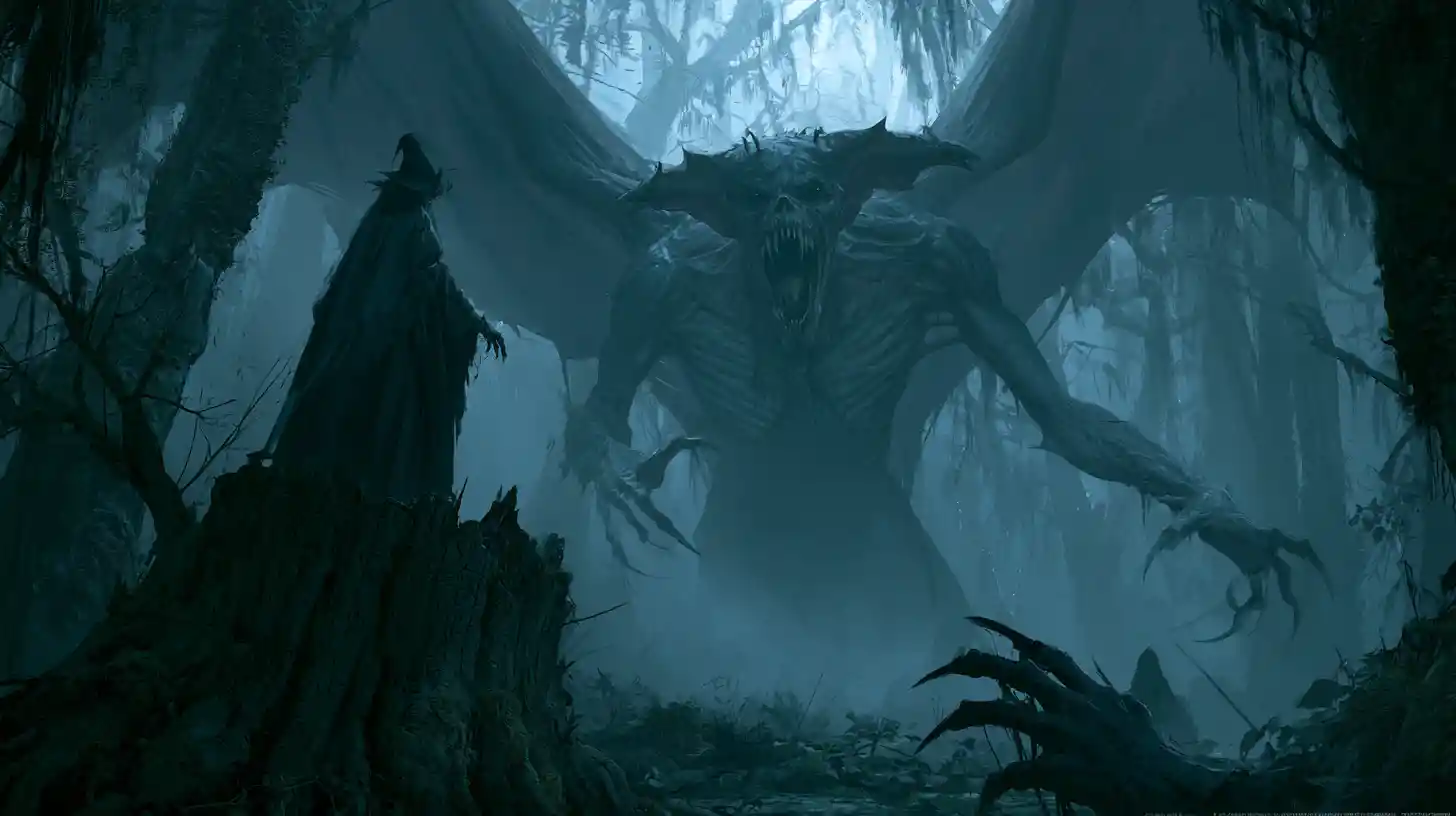 Dark witch summoning a winged demon from swamp mist