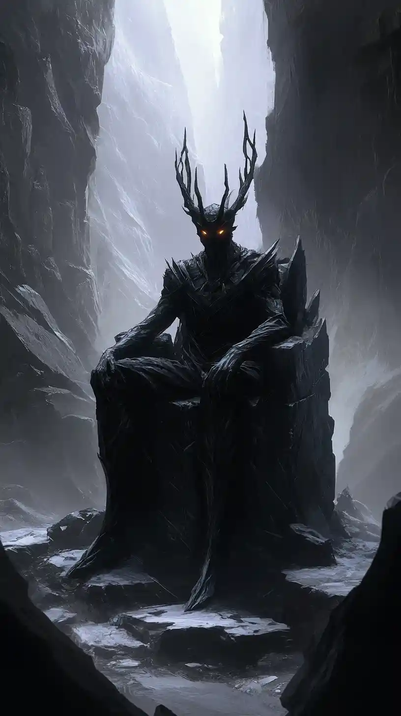 Throne of a Dark Stone Entity in a Vast Cavern