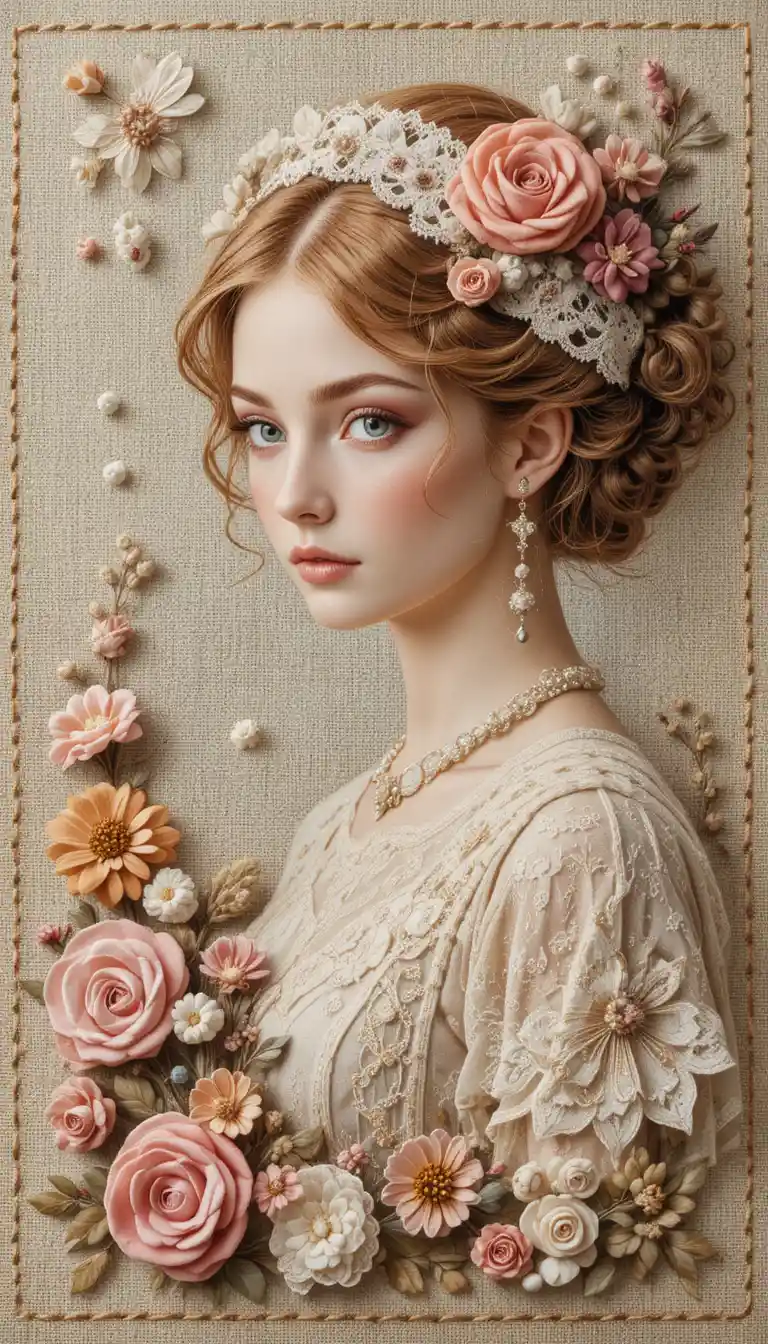Vintage embroidery postcard on beige linen background