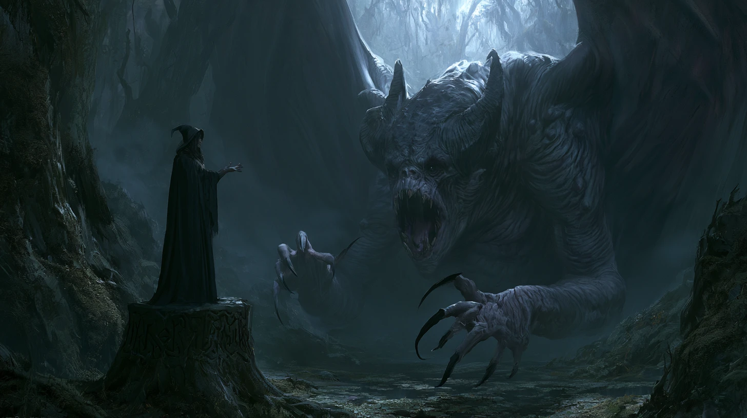 Dark witch summoning a demon from a misty swamp