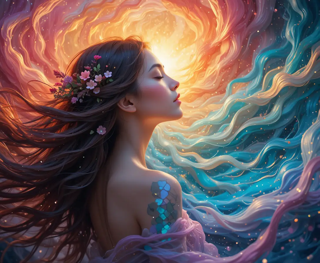 Serene woman in swirling jewel toned cosmic colors