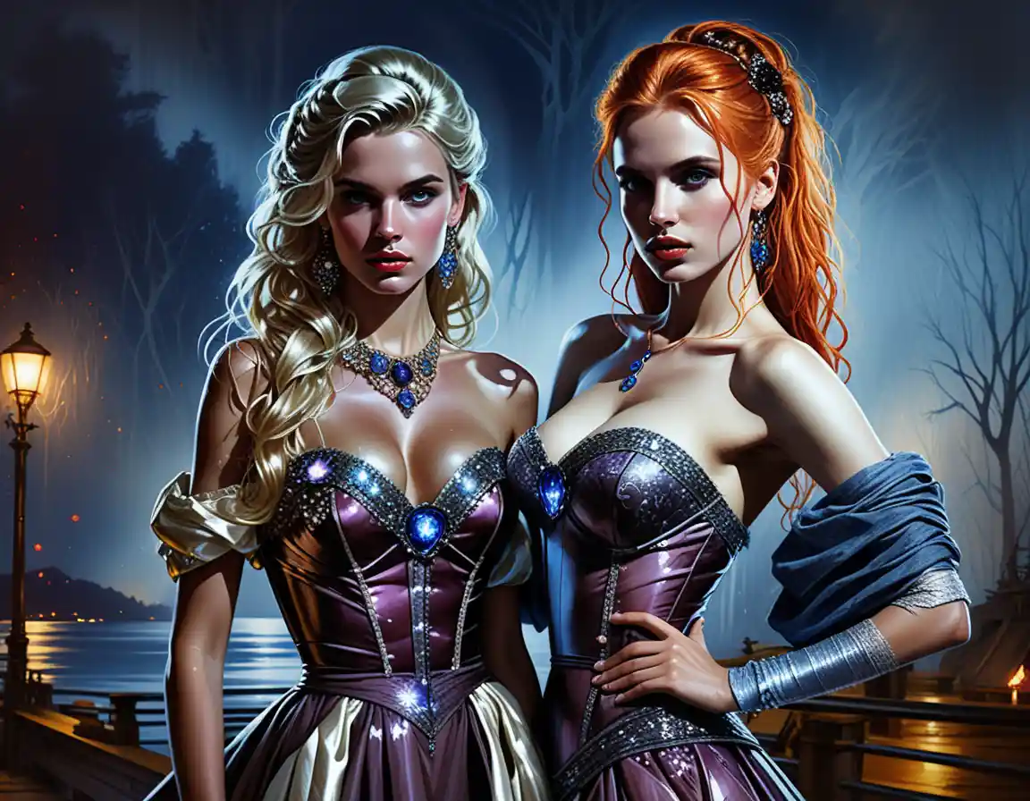 Glamorous blonde woman in gown before twilight mountains