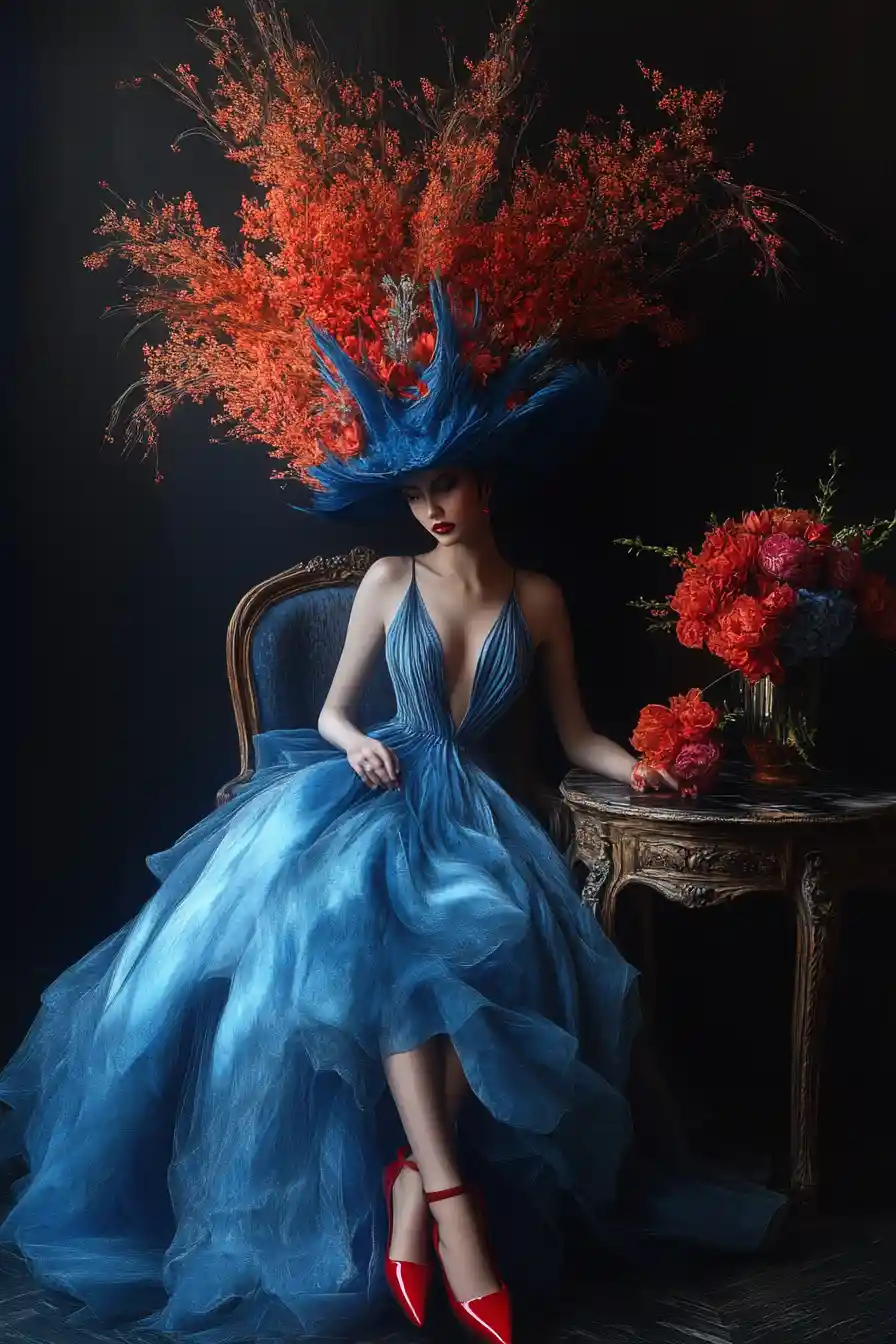 Elegant woman in blue gown on ornate chair
