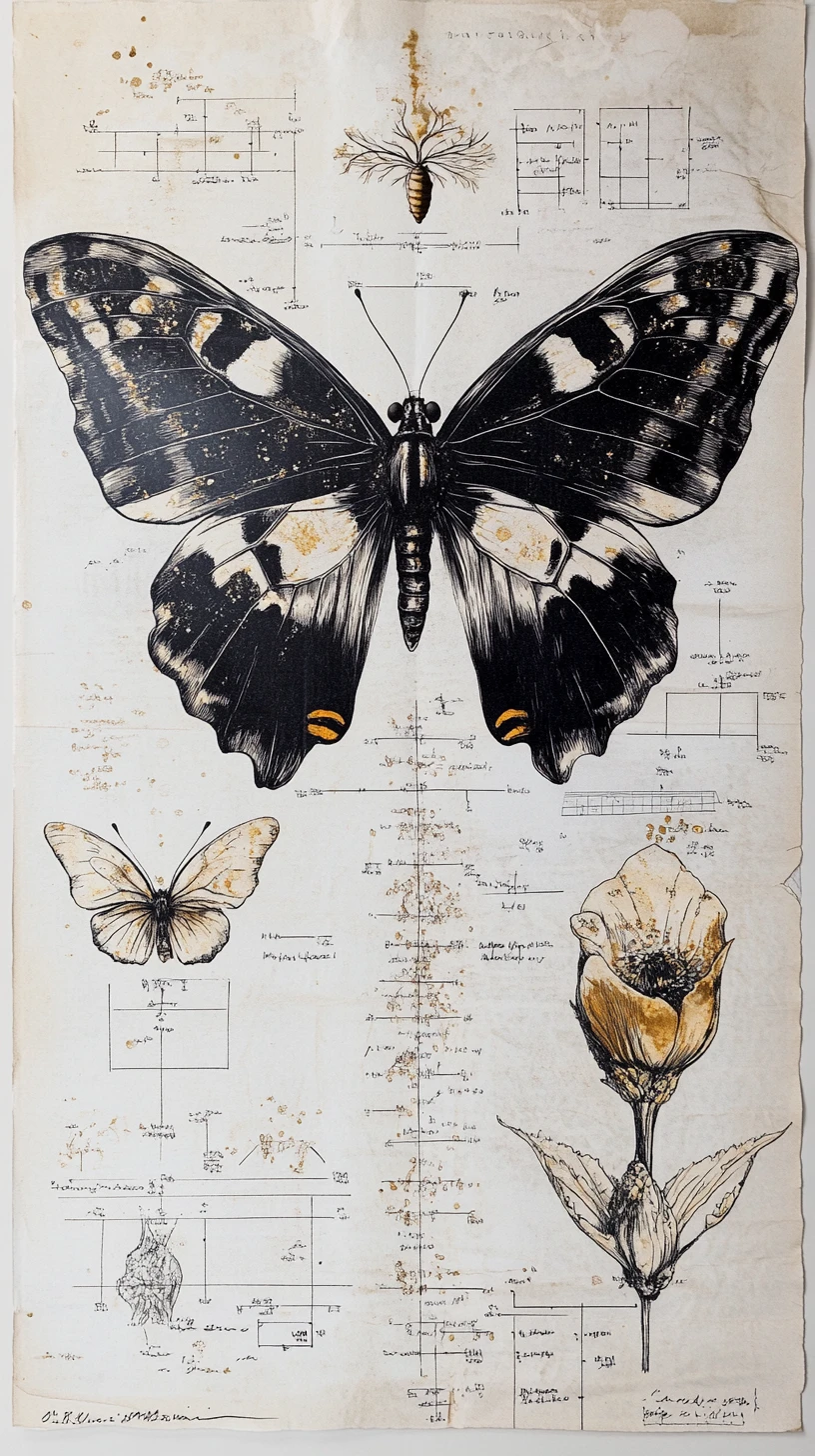Surreal botanical specimen on parchment with gold annotations