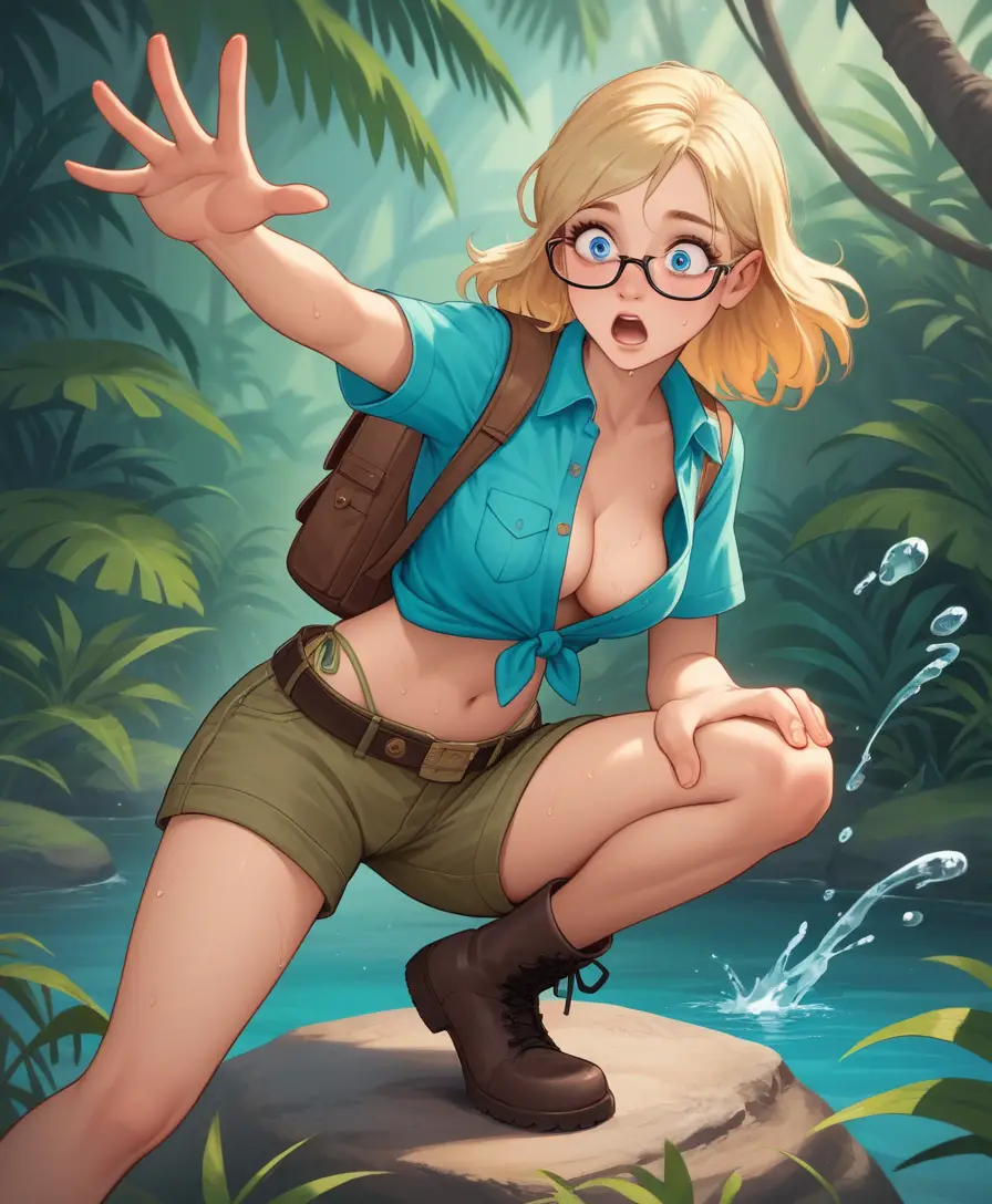 Young anthropologist slipping in a tropical jungle river