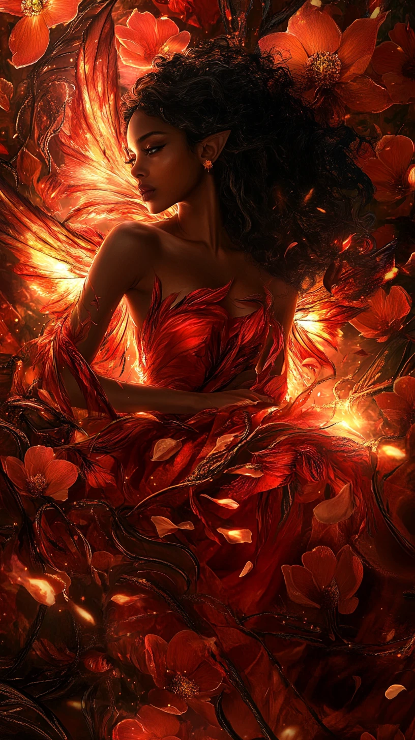 Fairy woman in blazing coral flowers with ember wings
