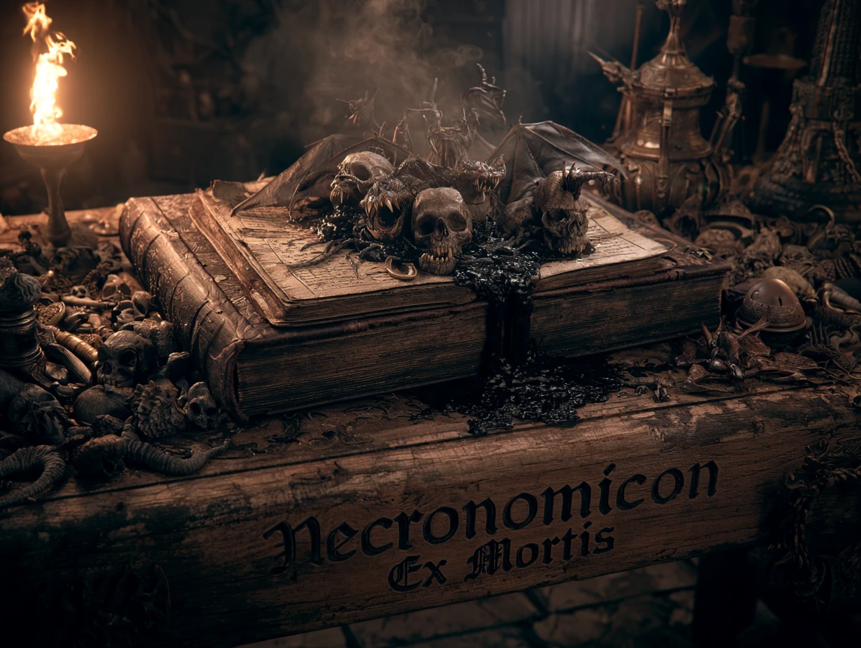 Cursed Necronomicon Book Summoning Demons In Torchlit Room