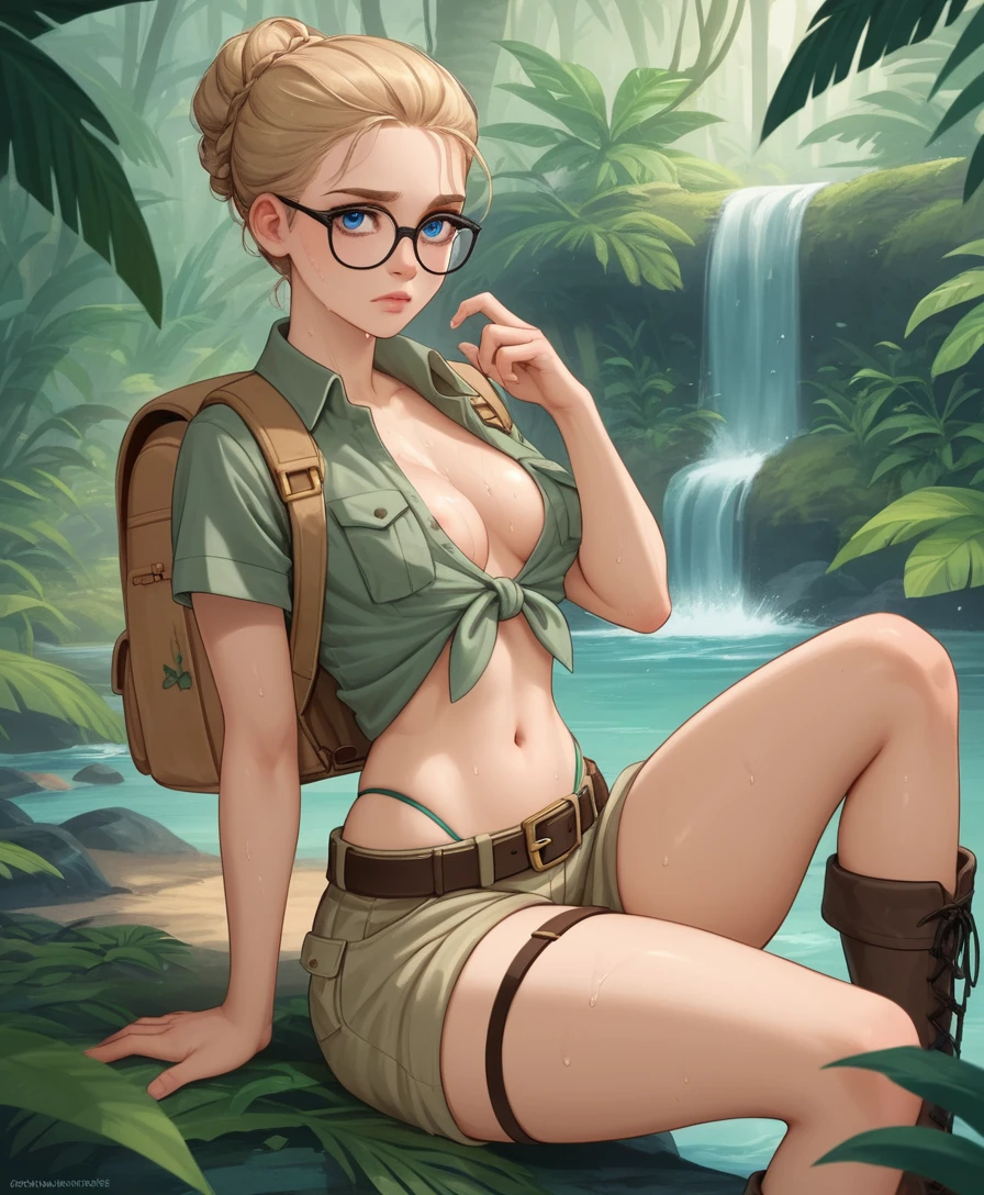 Young explorer girl cooling off beside a jungle stream