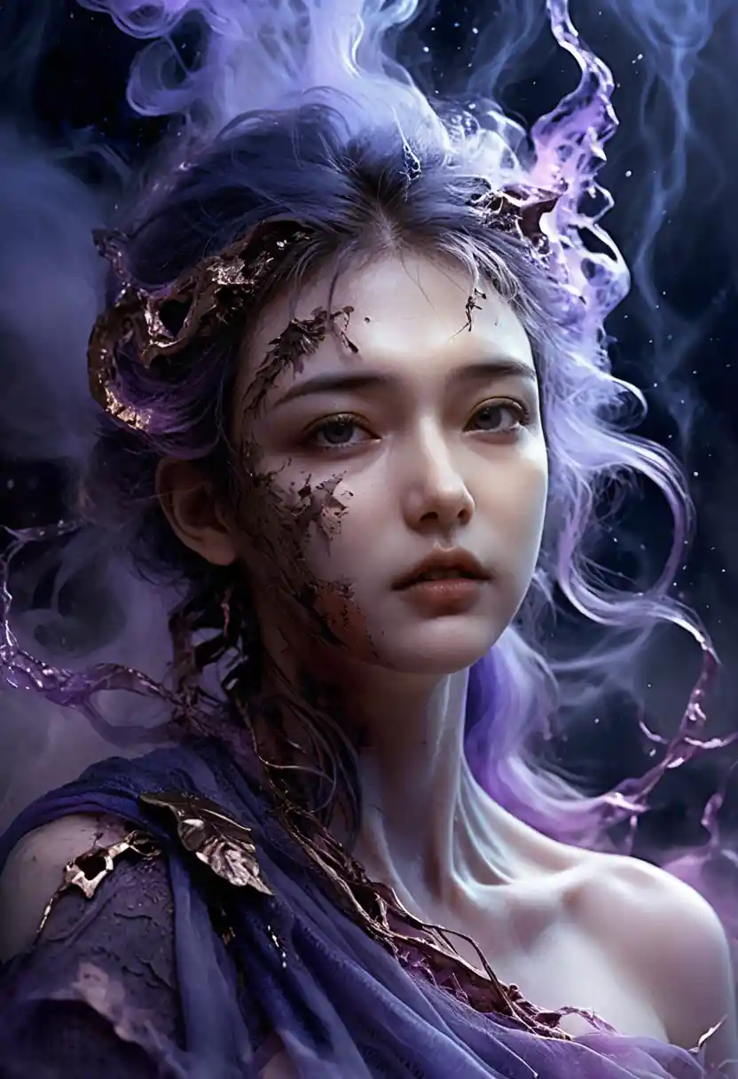 Ethereal woman emerging from glowing purple silver mist