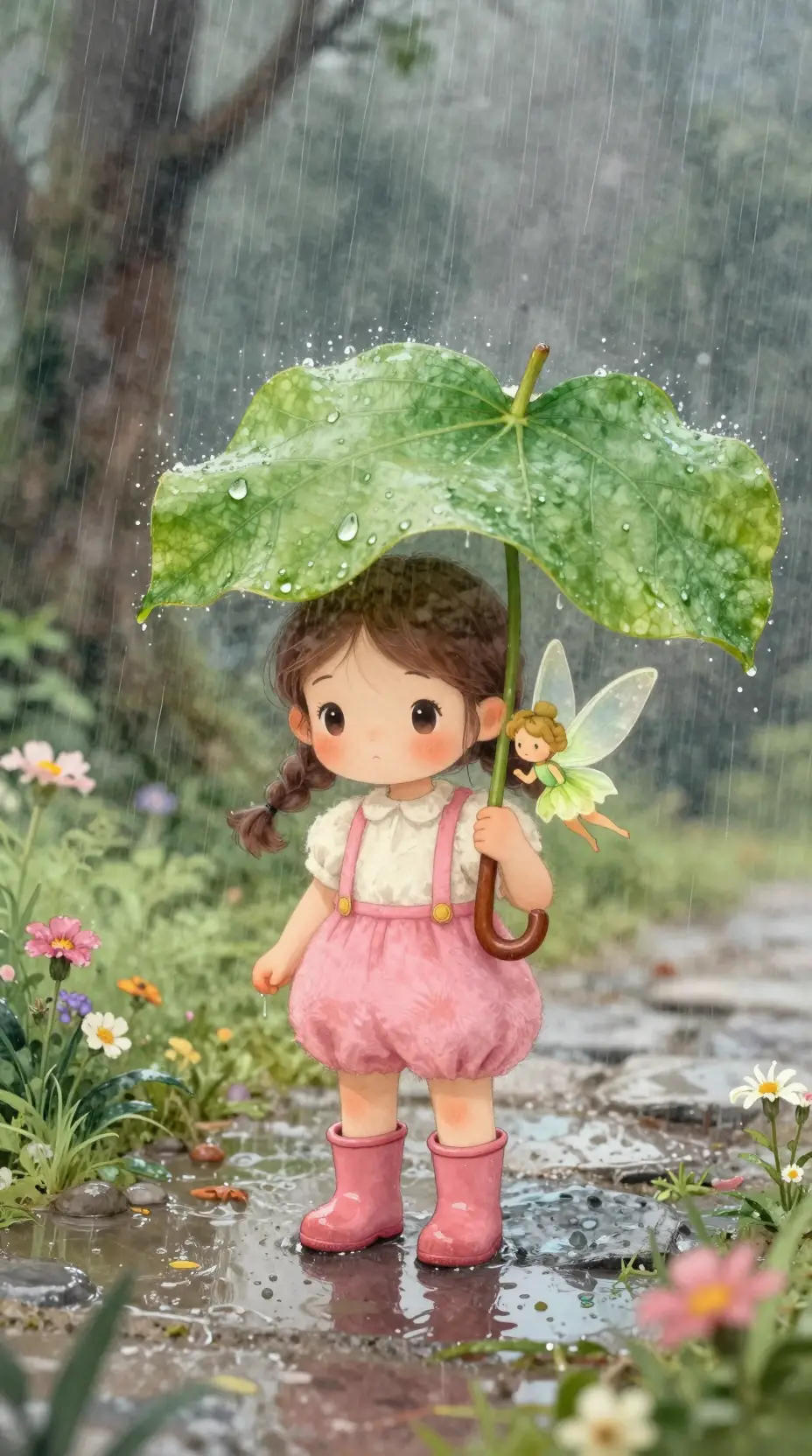 Winziges Chibi-Mädchen mit Blattschirm im regnerischen Feengarten
