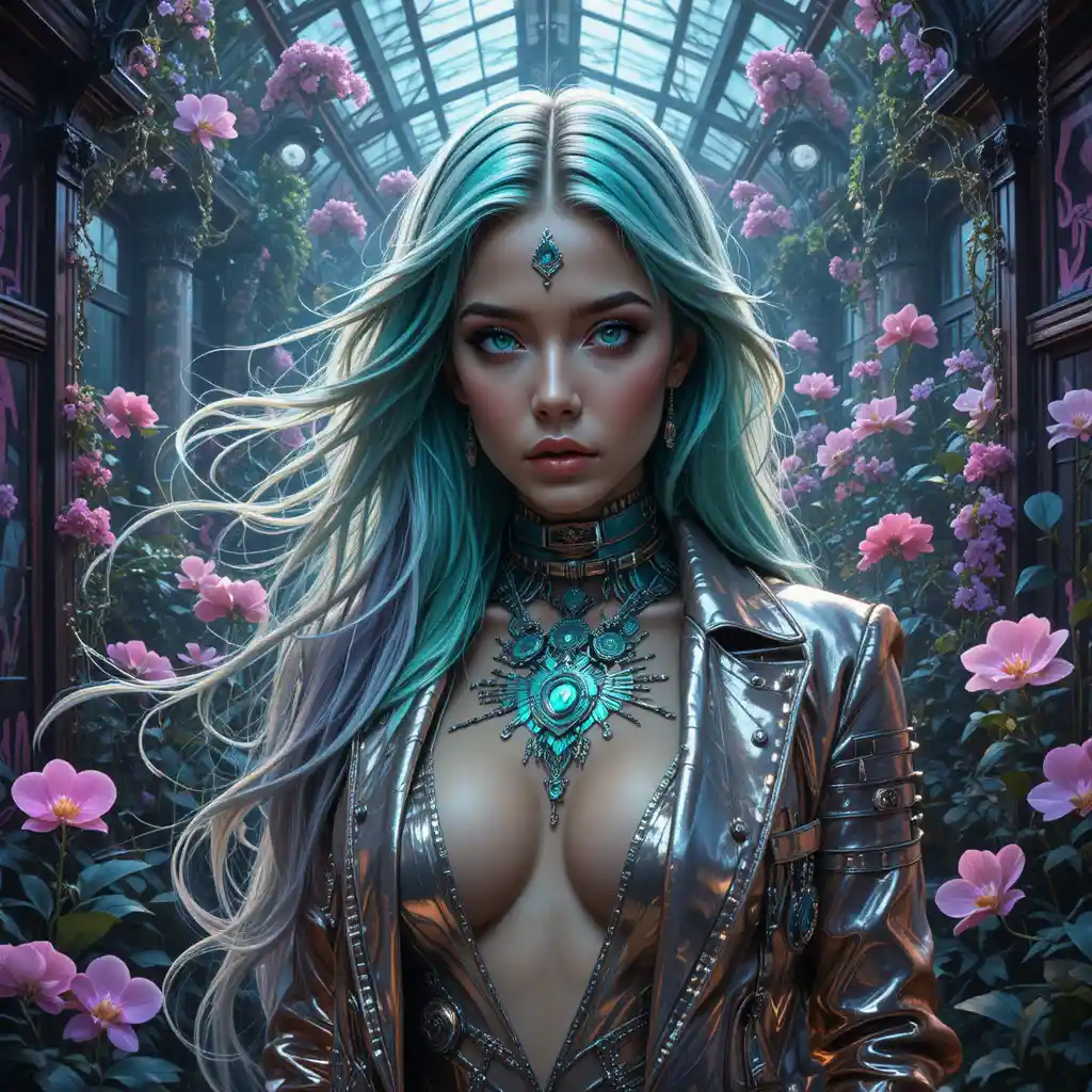 Futuristic outlaw empress in a neon cyberpunk greenhouse