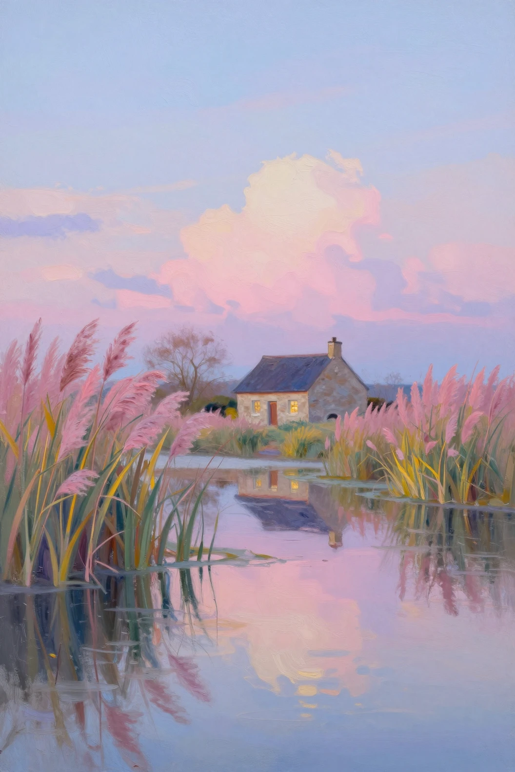 Peaceful lakeside house framed by colorful reeds at dusk